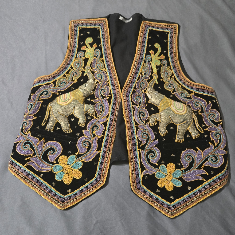 Thailand 3D Elephant FOLK ART Sequins Soutache Vest Size Large ASO KISS SEE PIC